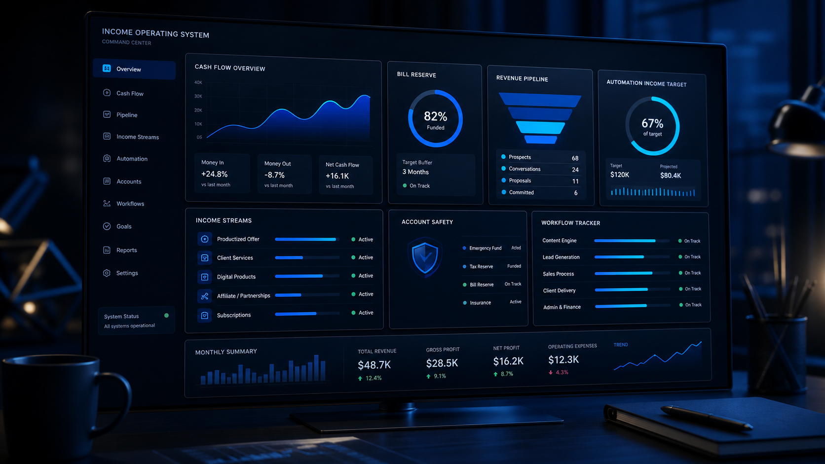 Generated blue and black income operating system dashboard